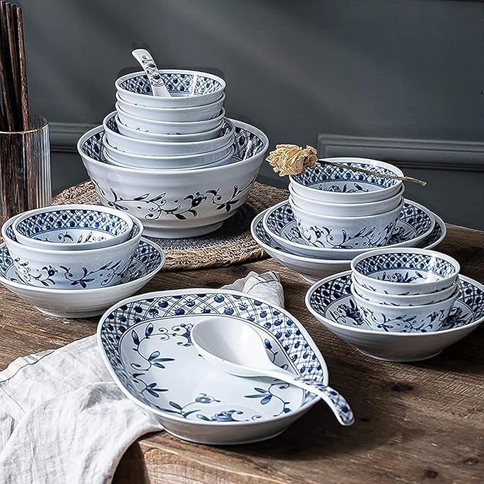 Dining Plate Set Ceramics Dinner Sets Blue and White Porcelain Porcelain Dinnerware Set of 45 | Simplicity Cereal Bowl and Steak Plate Set,A