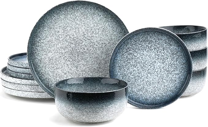 Ceramic Dinnerware Sets, 12 Pieces Plates and Bowls Sets, Chip and Crack Resistant, Service for 4, Marble