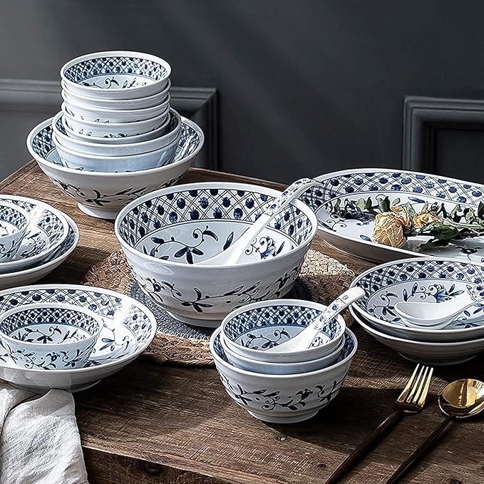 Dining Plate Set Ceramics Dinner Sets Blue and White Porcelain Porcelain Dinnerware Set of 45 | Simplicity Cereal Bowl and Steak Plate Set,A